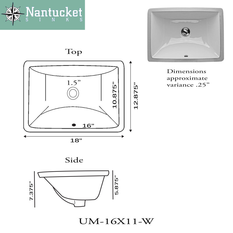Nantucket Sinks Great Point 12.88'' Ceramic Rectangular Undermount Bathroom Sink with Overflow